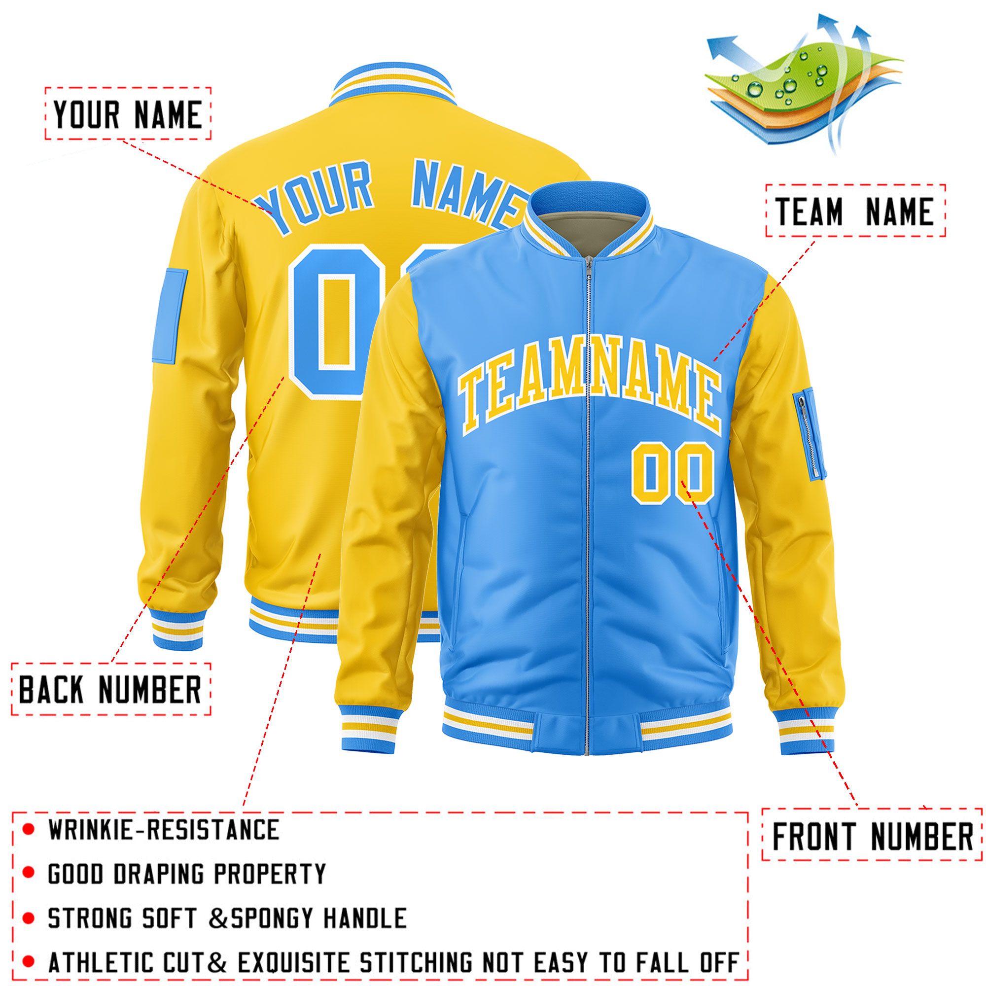 Custom Powder Blue Gold Varsity Full-Zip Two-Tone Letterman Bomber Jacket