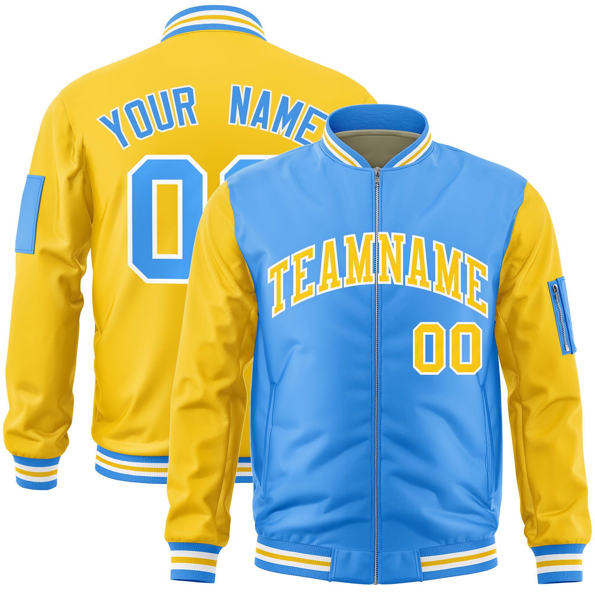 Custom Powder Blue Gold Varsity Full-Zip Two-Tone Letterman Bomber Jacket