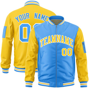 Custom Powder Blue Gold Varsity Full-Zip Two-Tone Letterman Bomber Jacket