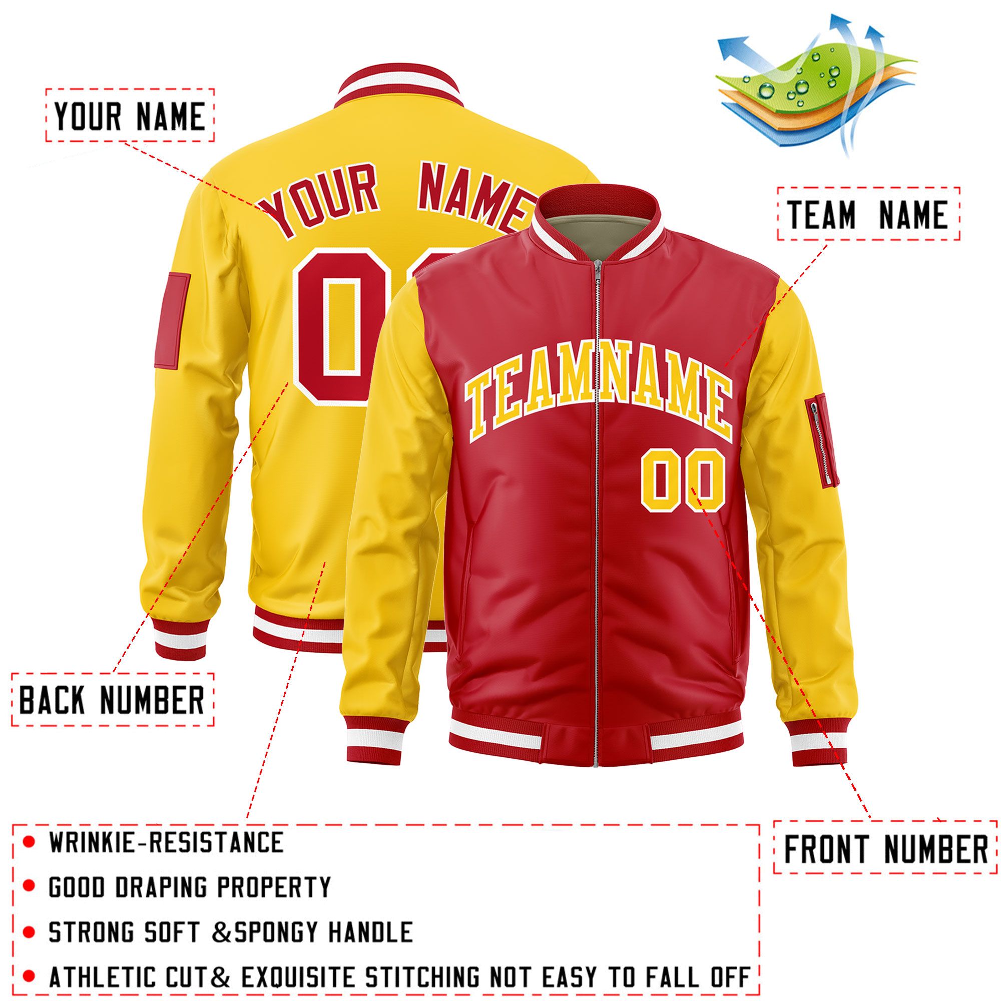 Custom Red Gold Varsity Full-Zip Two-Tone Letterman Bomber Jacket