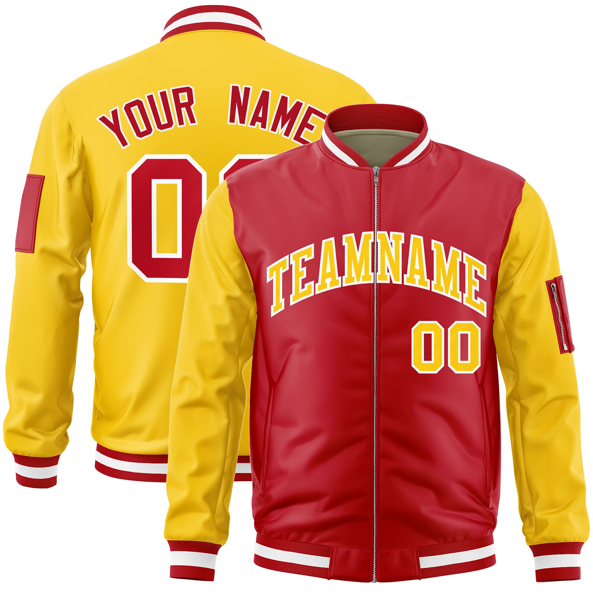 Custom Red Gold Varsity Full-Zip Two-Tone Letterman Bomber Jacket