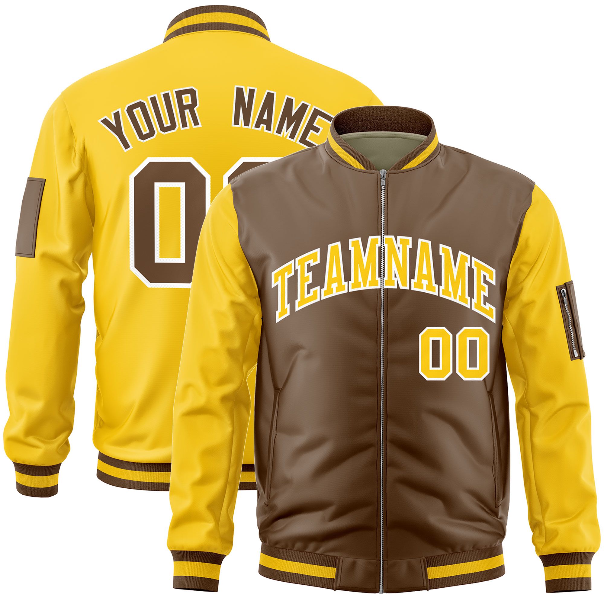 Custom Light Brown Gold Varsity Full-Zip Two-Tone Letterman Bomber Jacket