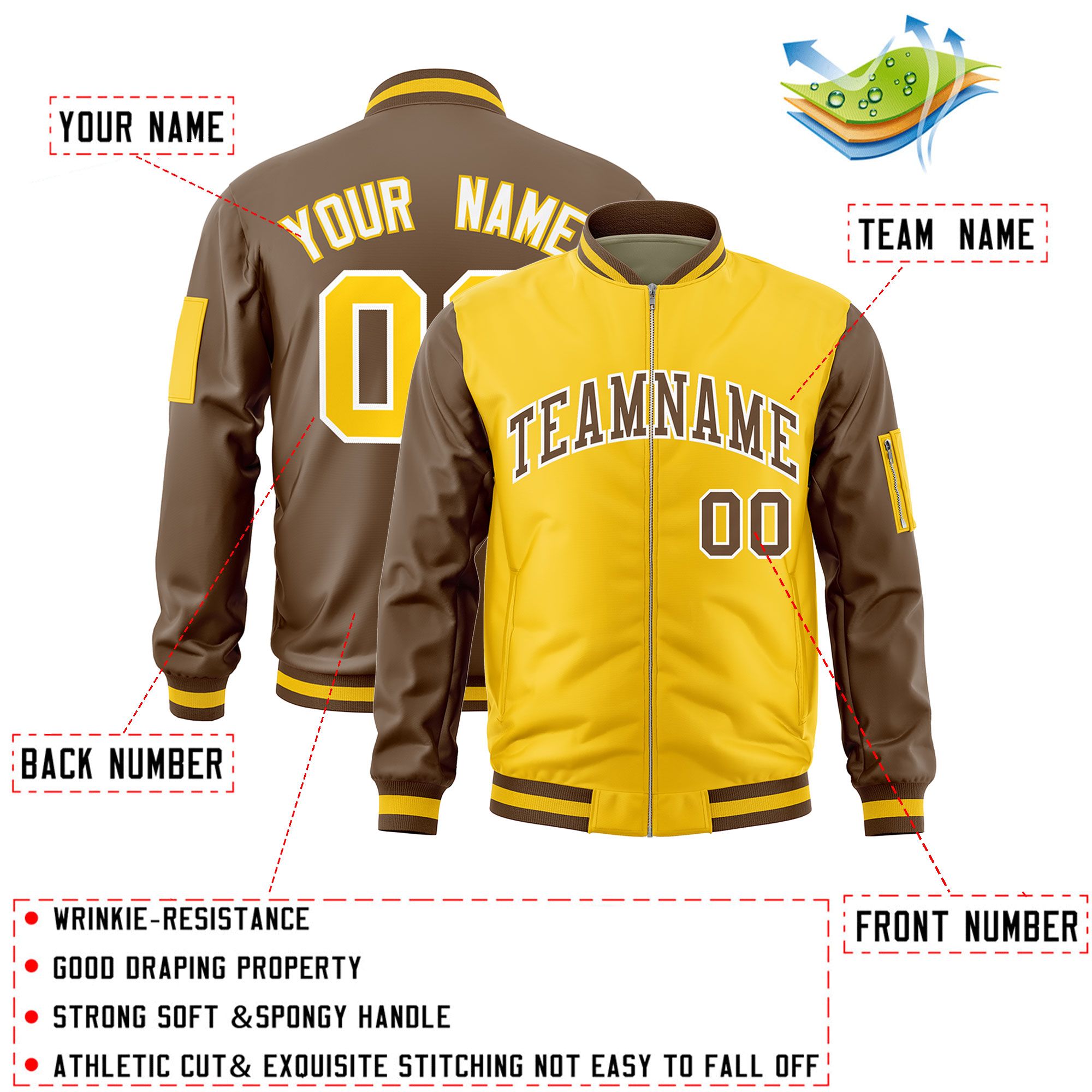 Custom Gold Light Brown Varsity Full-Zip Two-Tone Letterman Bomber Jacket