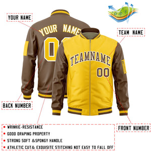 Custom Gold Light Brown Varsity Full-Zip Two-Tone Letterman Bomber Jacket