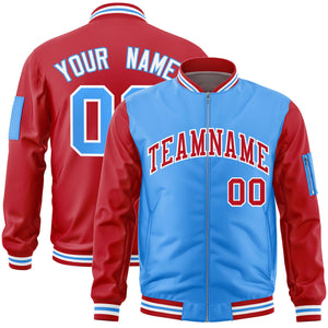 Custom Powder Blue Red Varsity Full-Zip Two-Tone Letterman Bomber Jacket