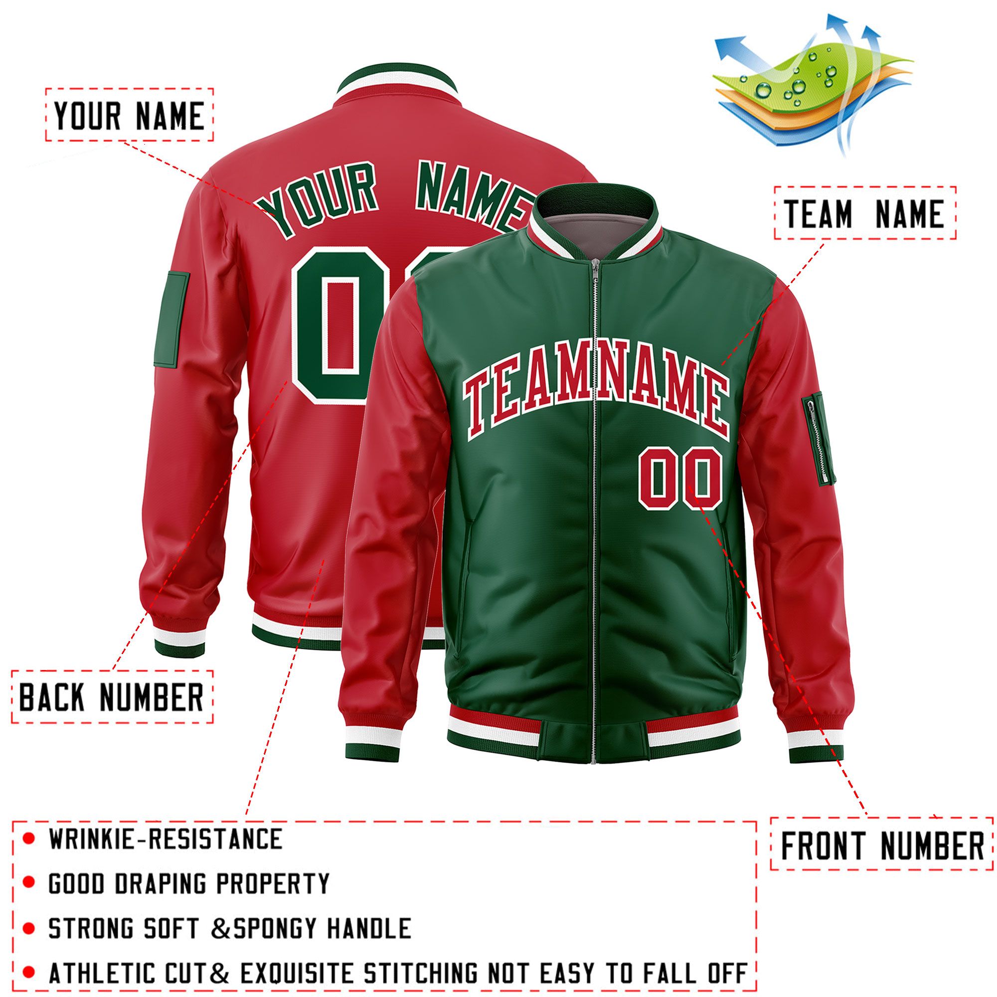 Custom Green Red Varsity Full-Zip Two-Tone Letterman Bomber Jacket