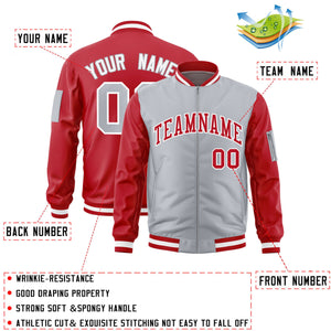 Custom Gray Red Varsity Full-Zip Two-Tone Letterman Bomber Jacket