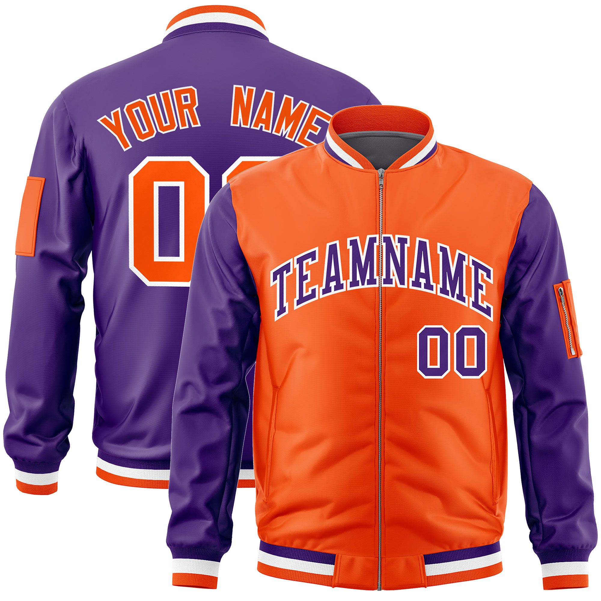 Custom Orange Purple Varsity Full-Zip Two-Tone Letterman Bomber Jacket