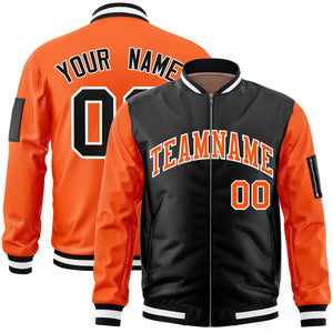 Custom Black Orange Varsity Full-Zip Two-Tone Letterman Bomber Jacket