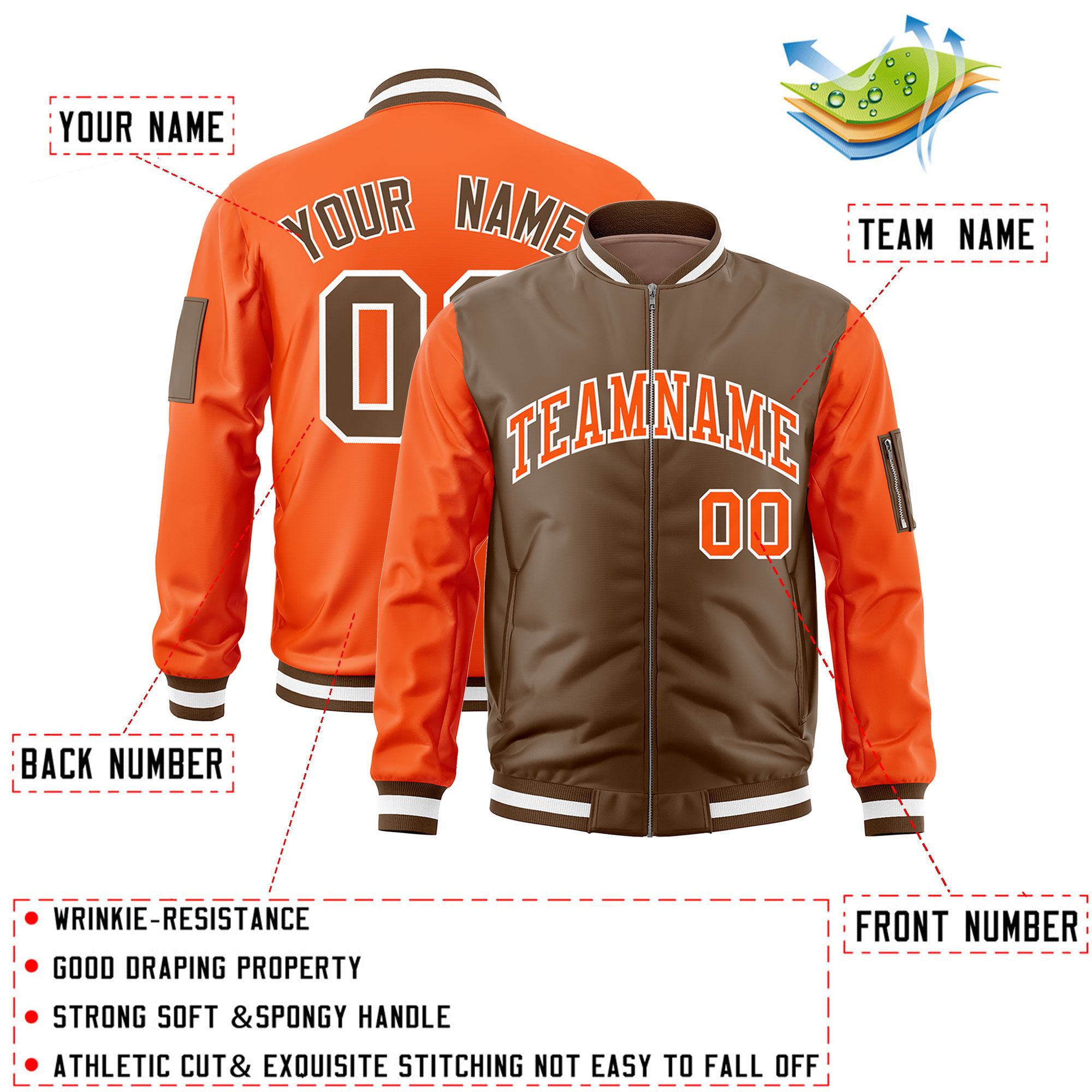 Custom Light Brown Orange Varsity Full-Zip Two-Tone Letterman Bomber Jacket