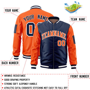 Custom Navy Orange Varsity Full-Zip Two-Tone Letterman Bomber Jacket