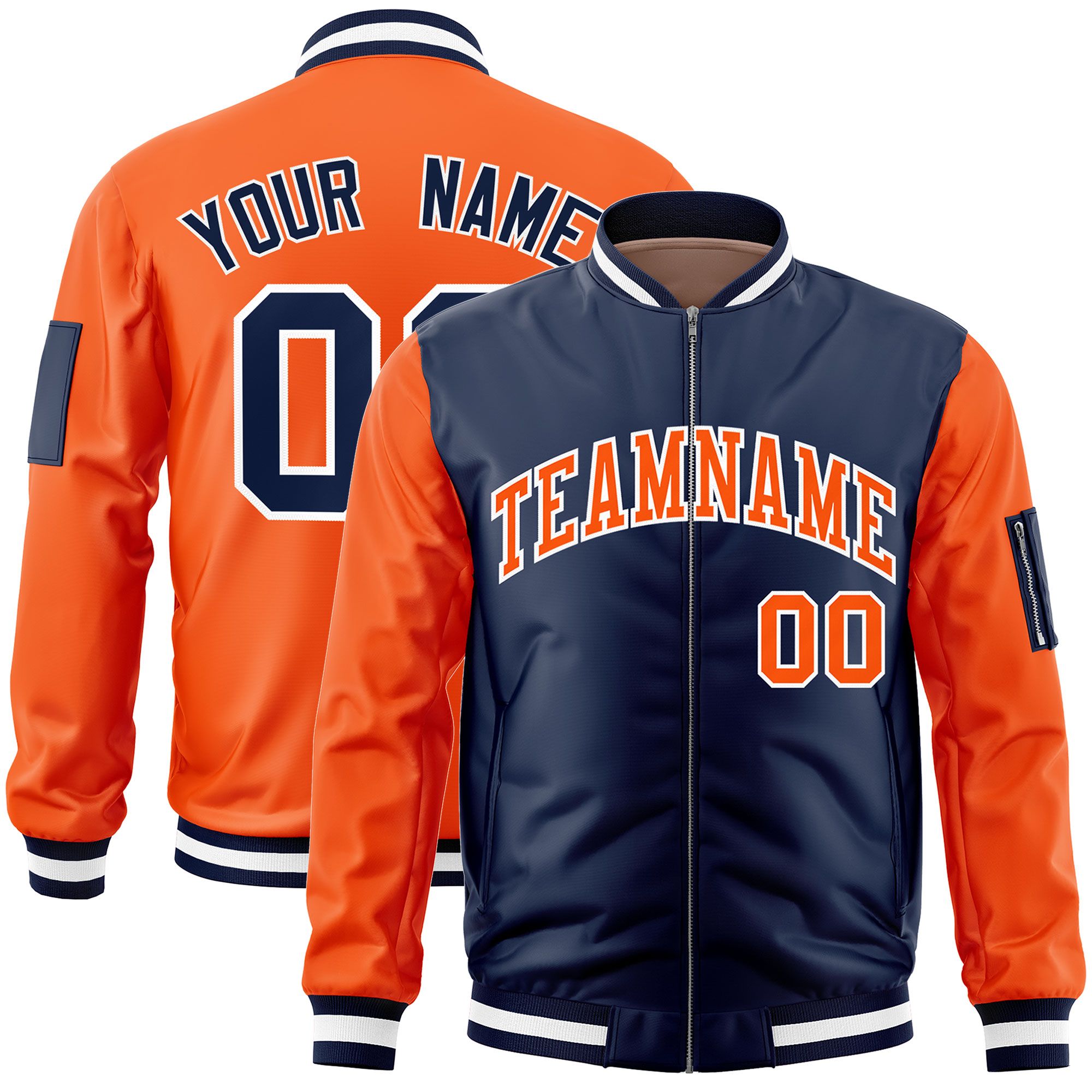 Custom Navy Orange Varsity Full-Zip Two-Tone Letterman Bomber Jacket