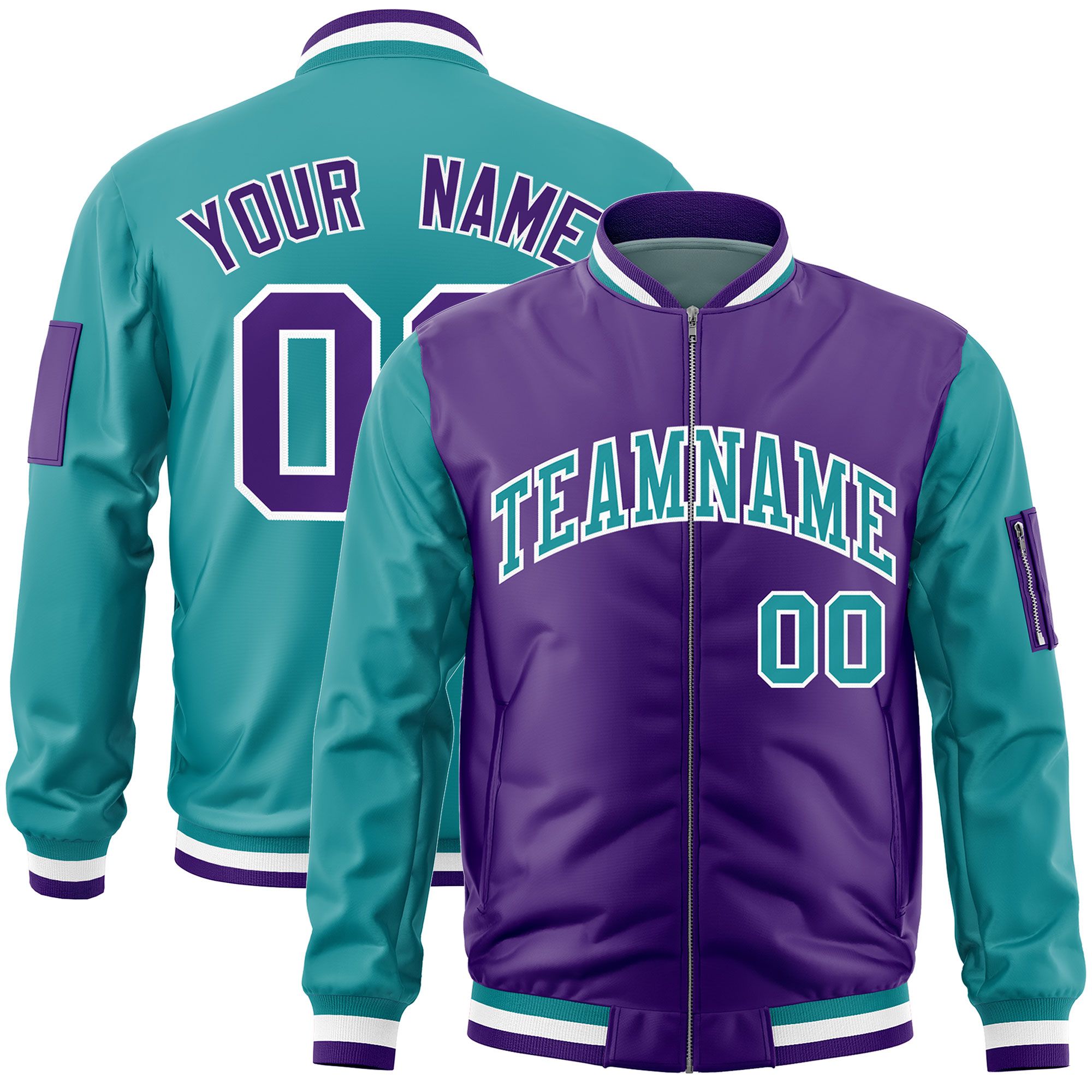 Custom Purple Aqua Varsity Full-Zip Two-Tone Letterman Bomber Jacket