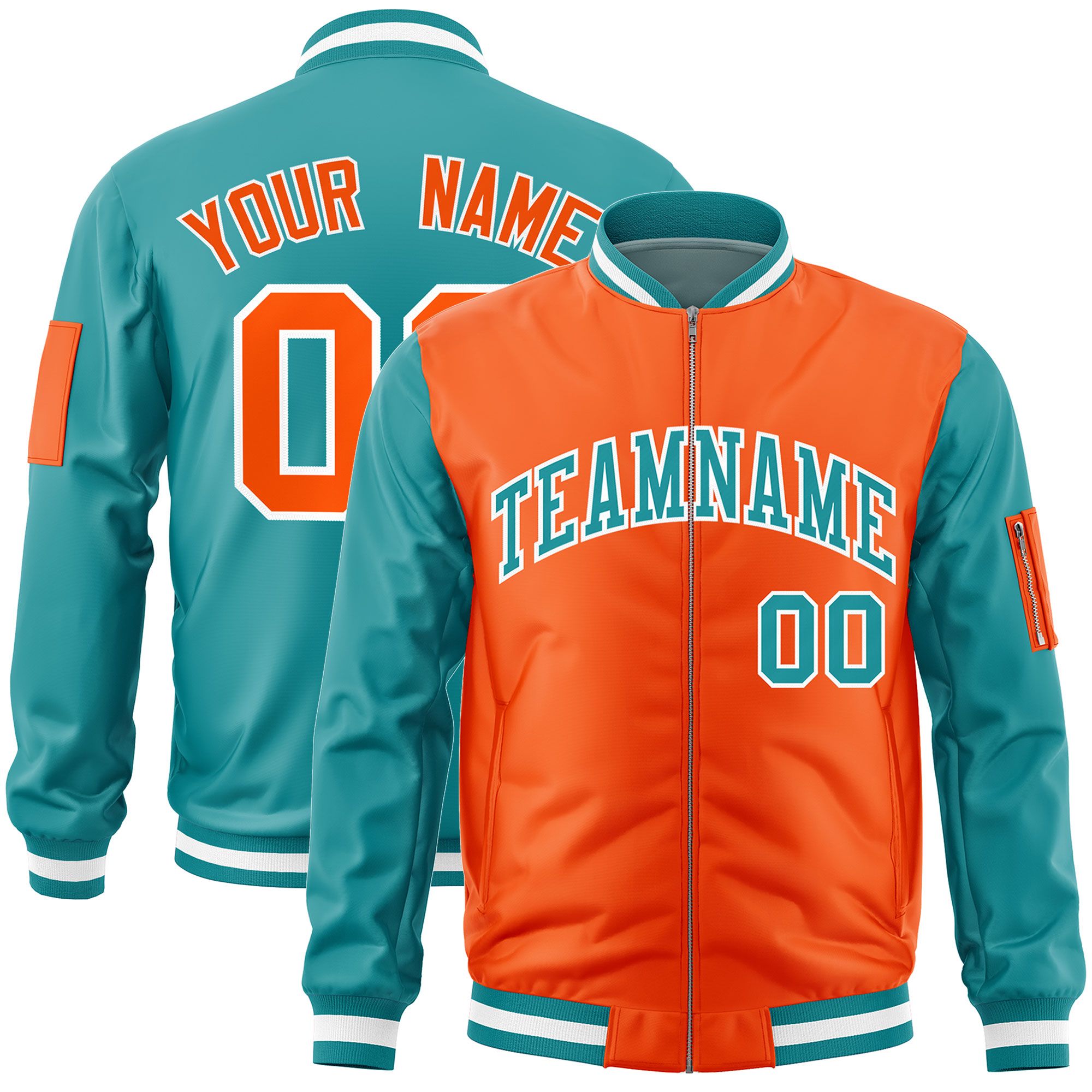 Custom Orange Aqua Varsity Full-Zip Two-Tone Letterman Bomber Jacket