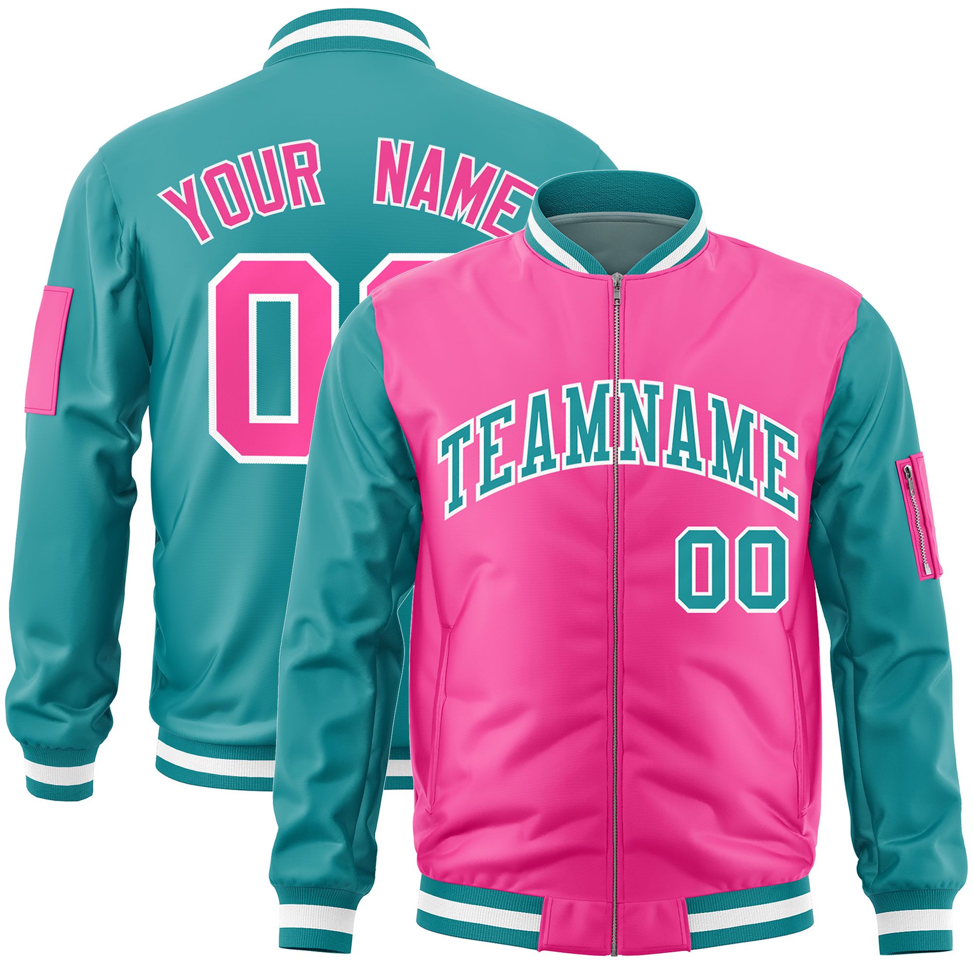 Custom Pink Aqua Varsity Full-Zip Two-Tone Letterman Bomber Jacket