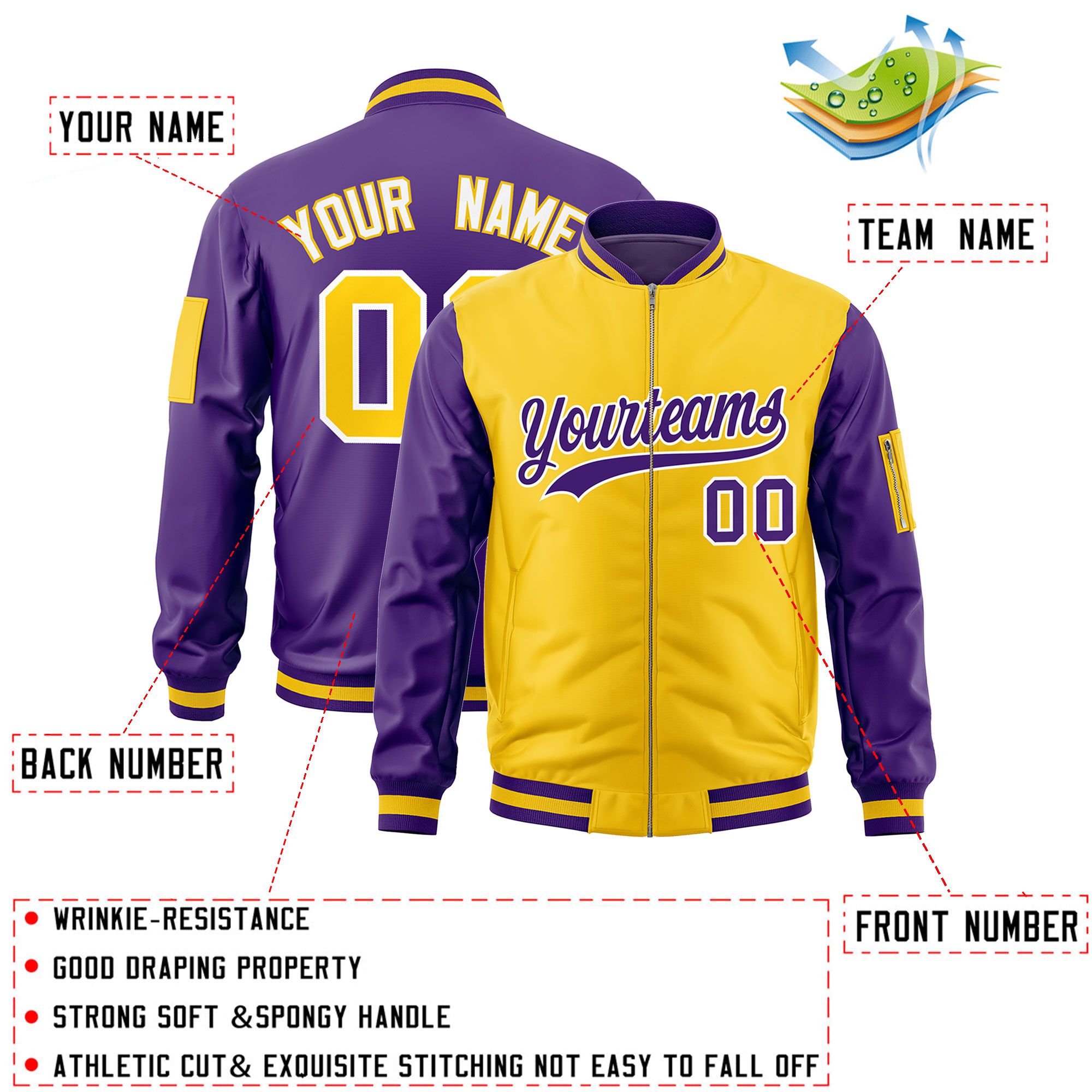 Custom Gold Purple Varsity Full-Zip Two-Tone Letterman Bomber Jacket