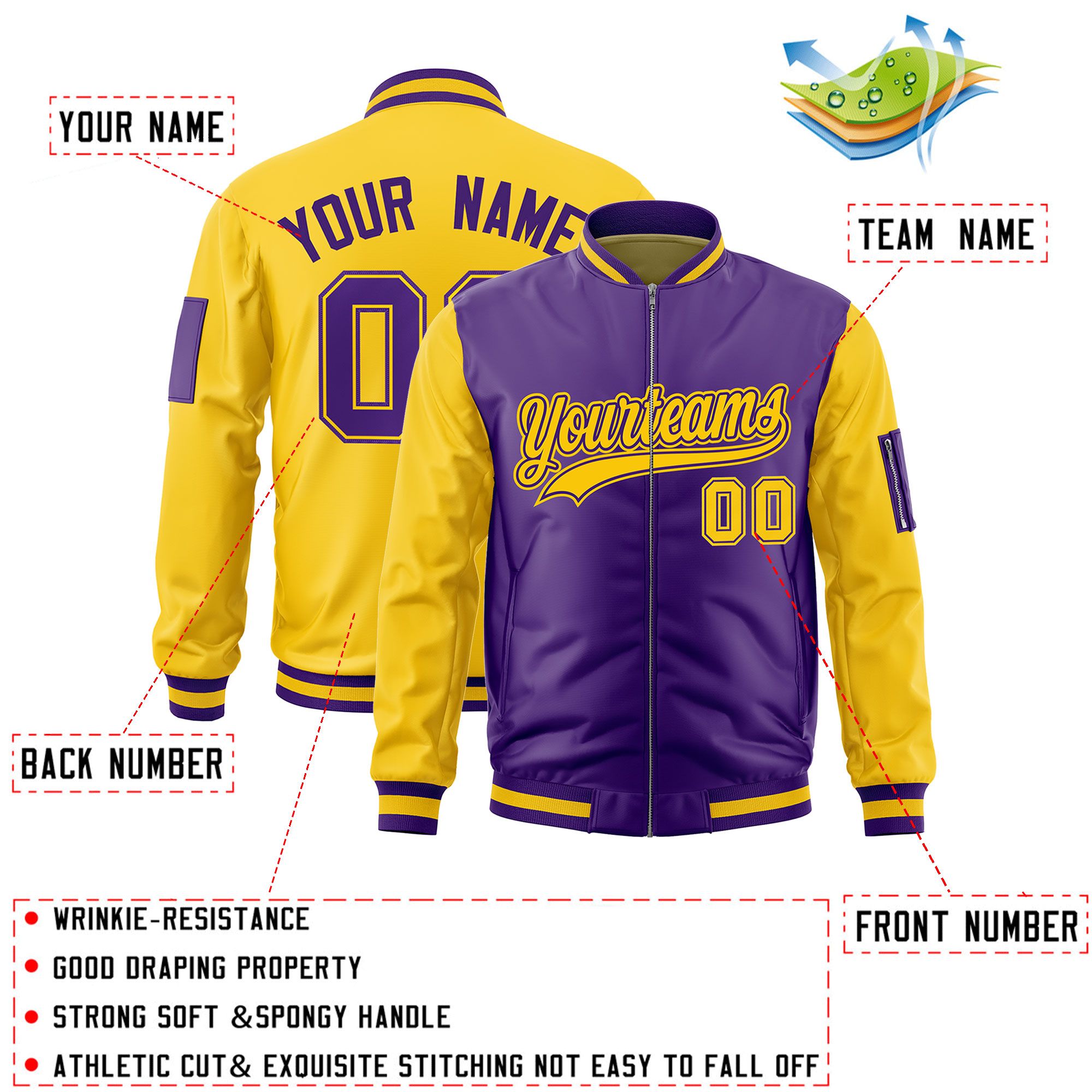 Custom Purple Gold Varsity Full-Zip Two-Tone Letterman Bomber Jacket