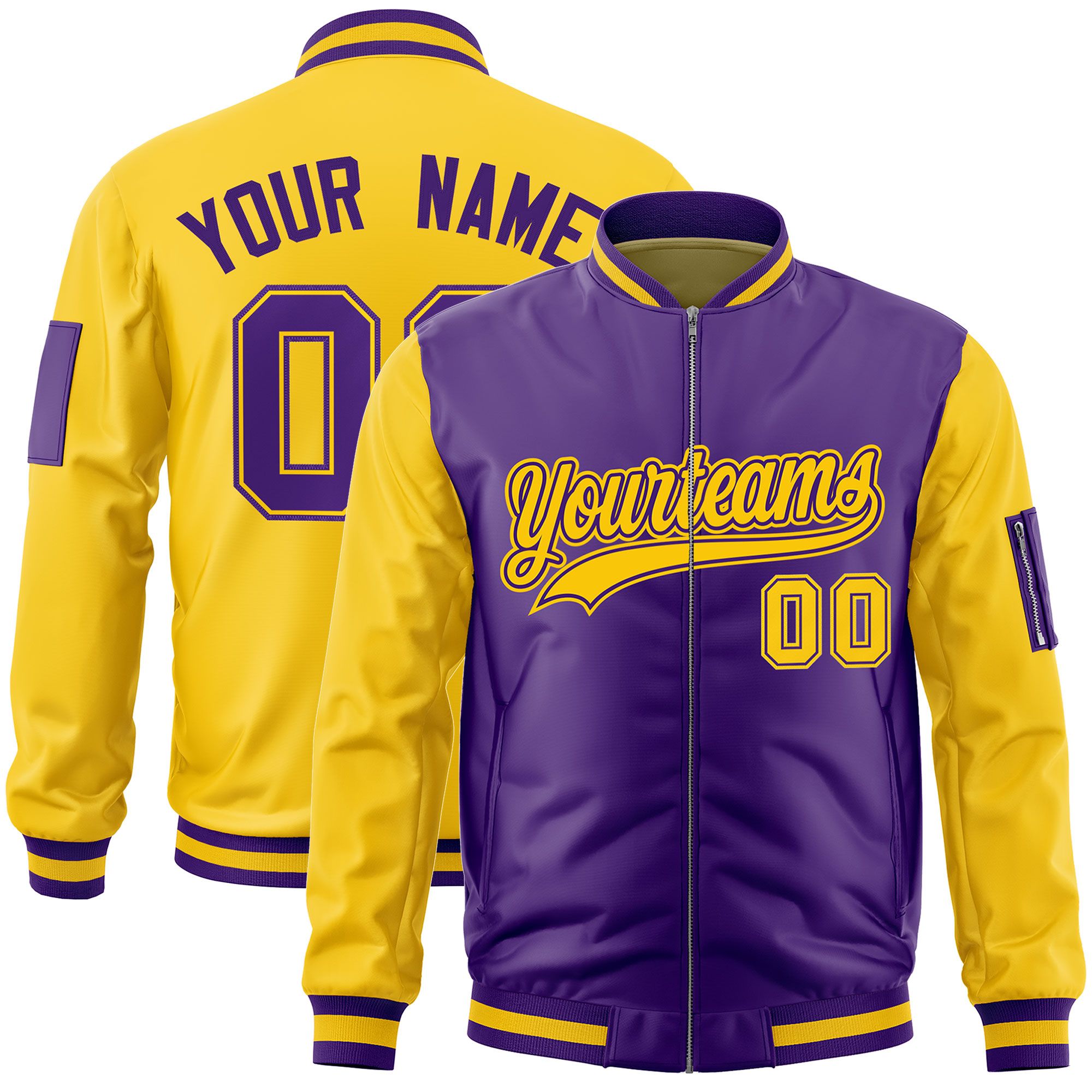 Custom Purple Gold Varsity Full-Zip Two-Tone Letterman Bomber Jacket