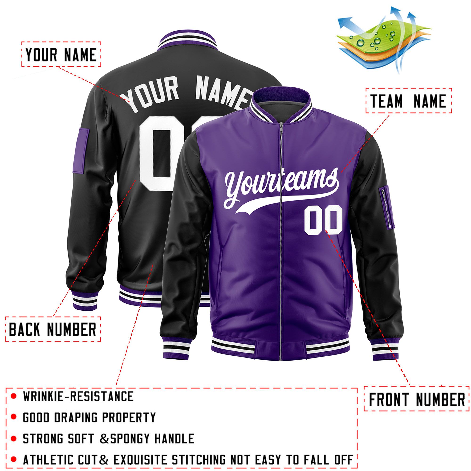 Custom Purple Black Varsity Full-Zip Two-Tone Letterman Bomber Jacket