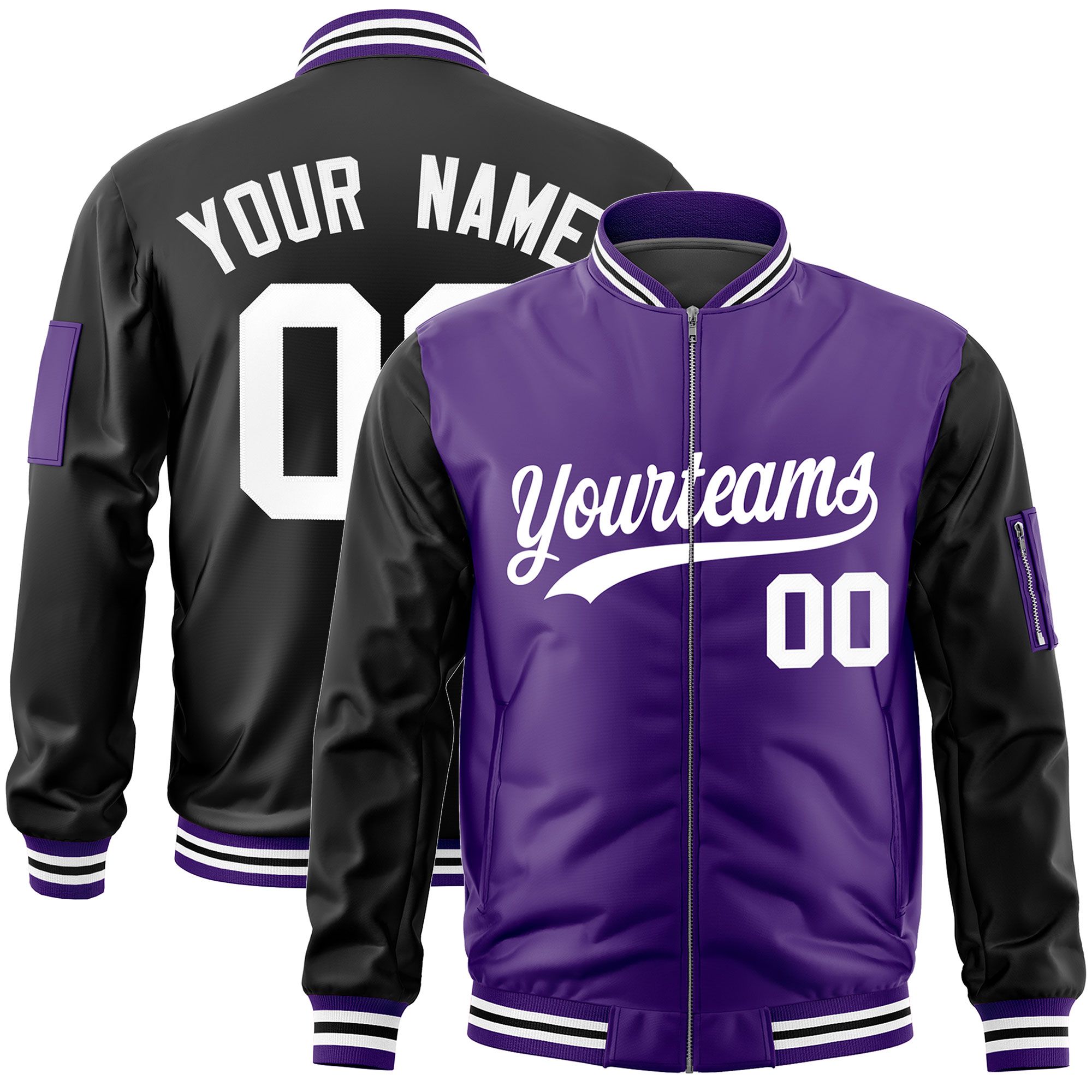 Custom Purple Black Varsity Full-Zip Two-Tone Letterman Bomber Jacket