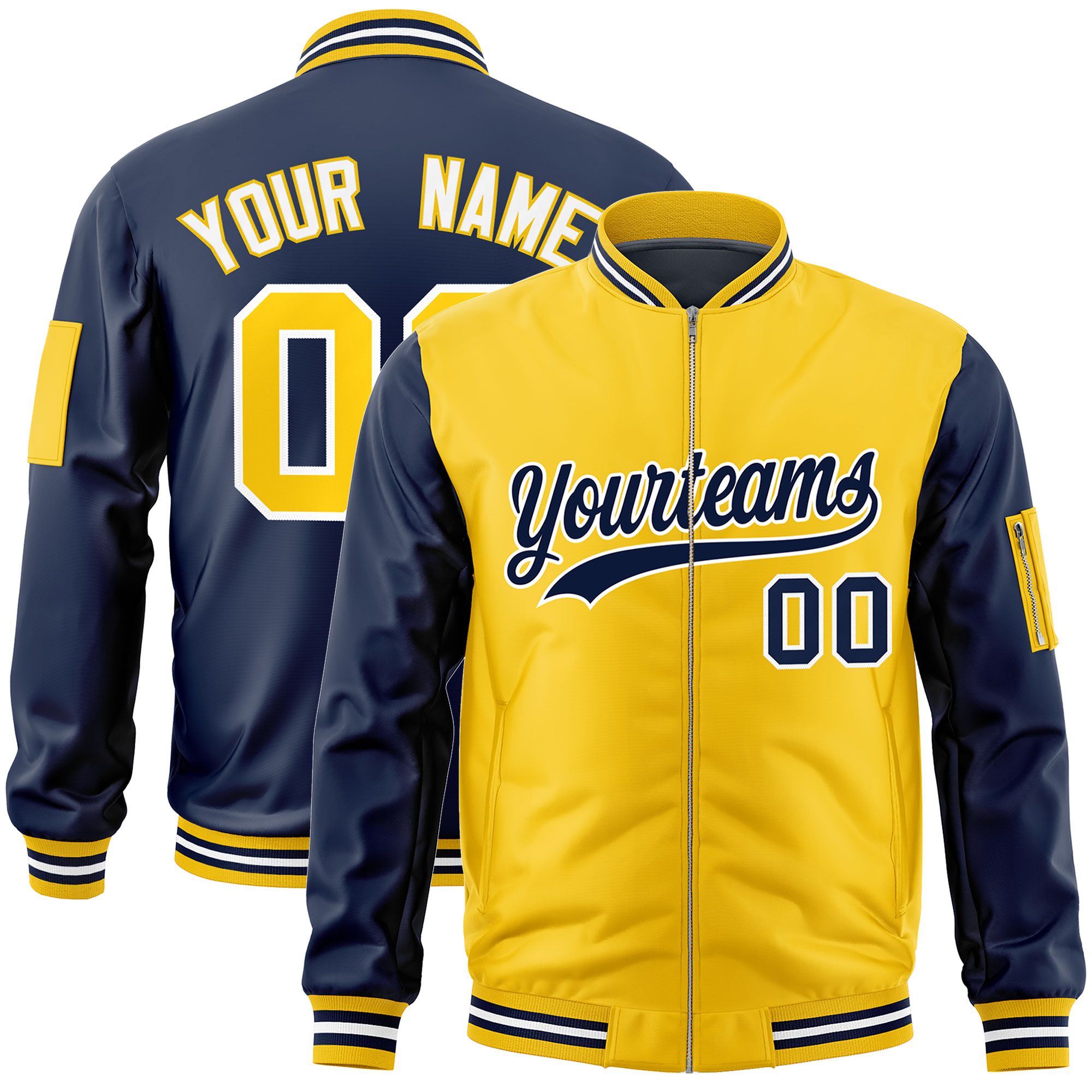 Custom Gold Navy Varsity Full-Zip Two-Tone Letterman Bomber Jacket