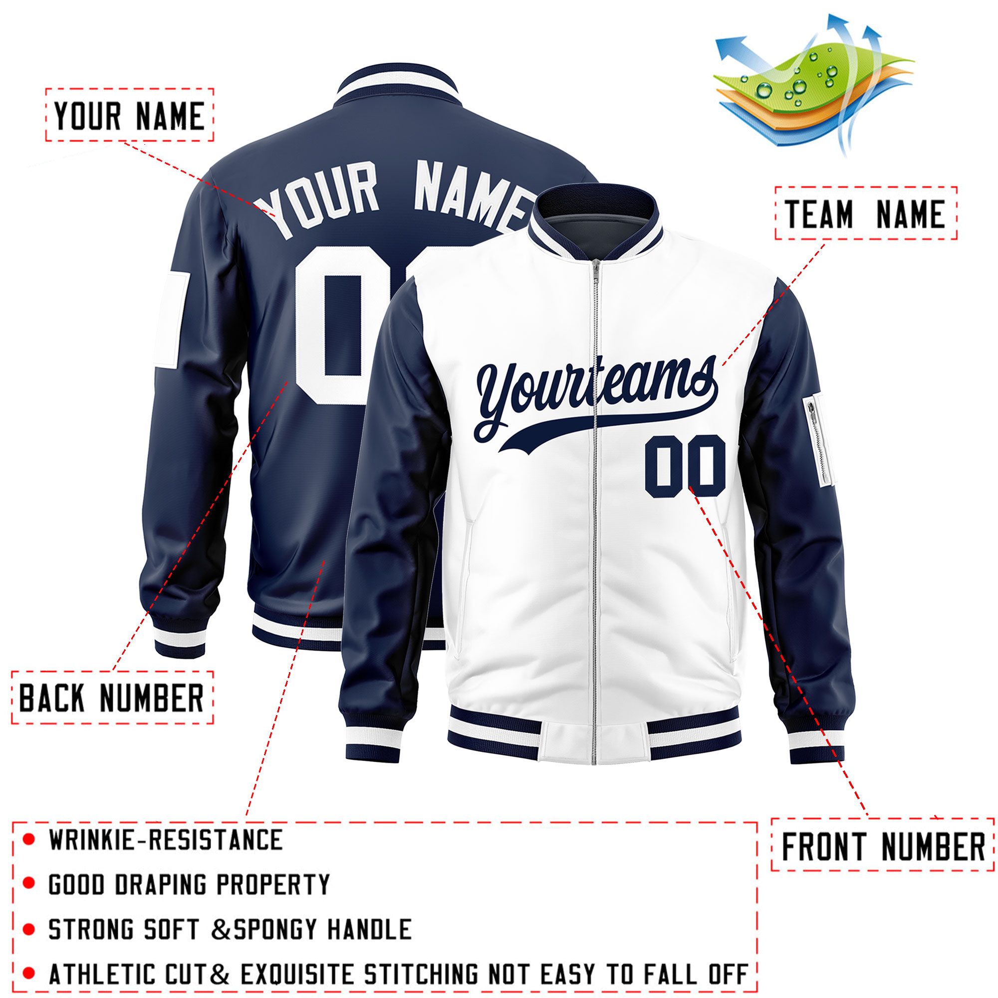 Custom White Navy Varsity Full-Zip Two-Tone Letterman Bomber Jacket