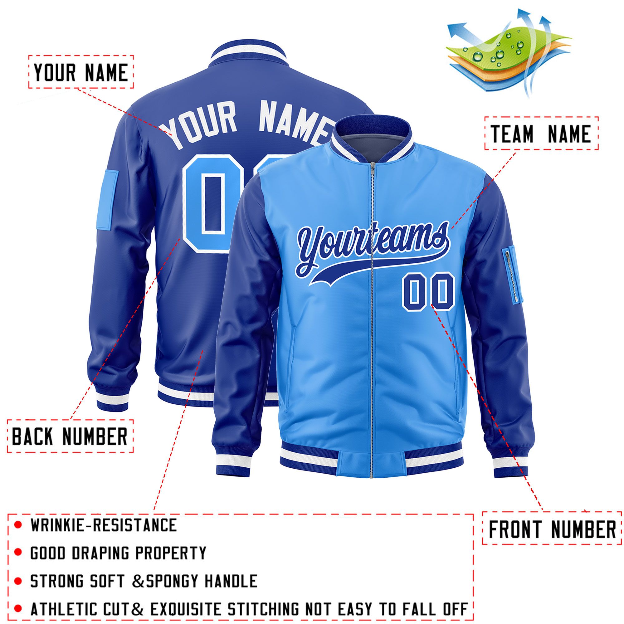 Custom Powder Blue Royal Varsity Full-Zip Two-Tone Letterman Bomber Jacket