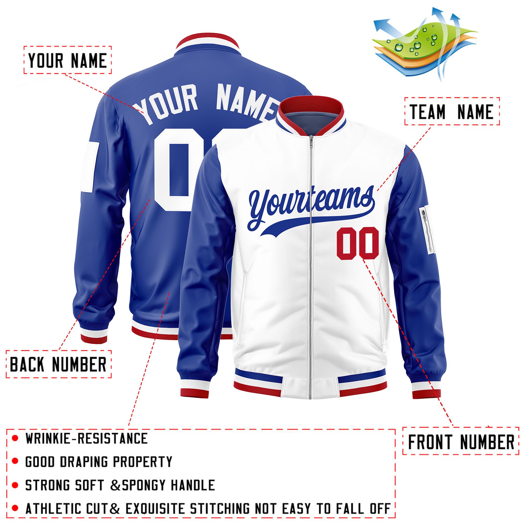 Custom White Royal Varsity Full-Zip Two-Tone Letterman Bomber Jacket