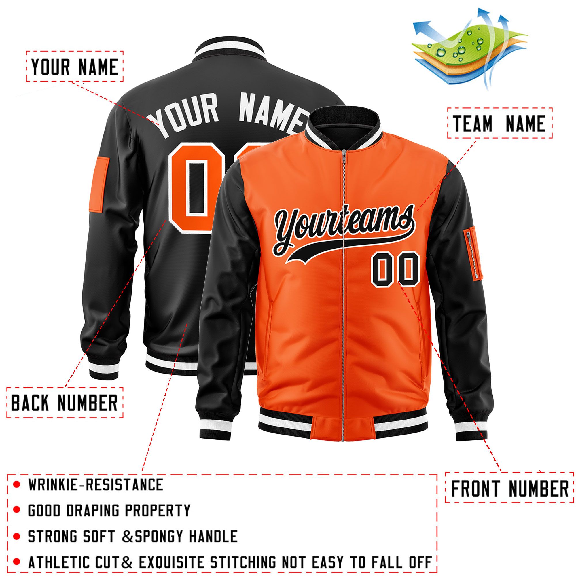 Custom Orange Black Varsity Full-Zip Two-Tone Letterman Bomber Jacket