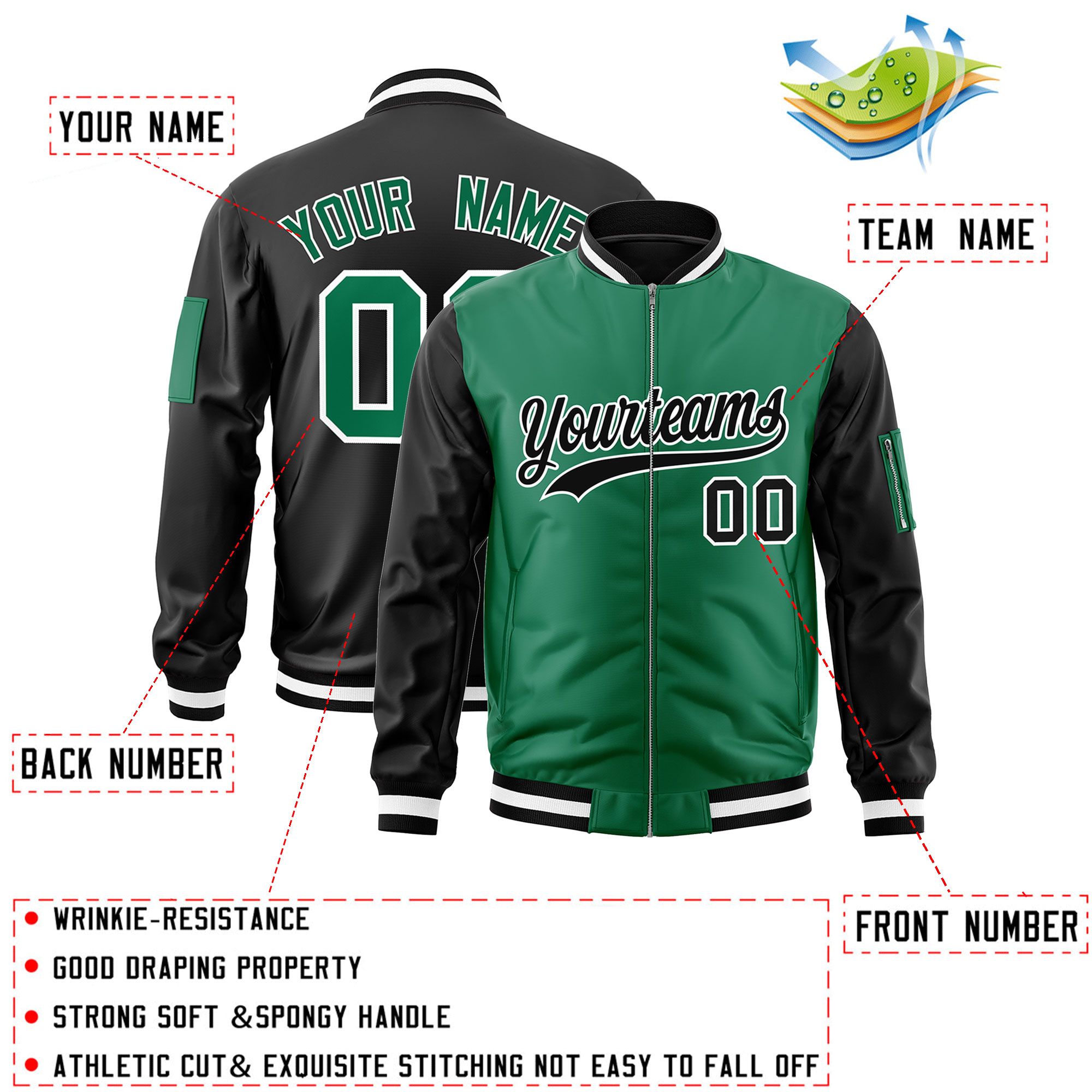 Custom Kelly Green Black Varsity Full-Zip Two-Tone Letterman Bomber Jacket