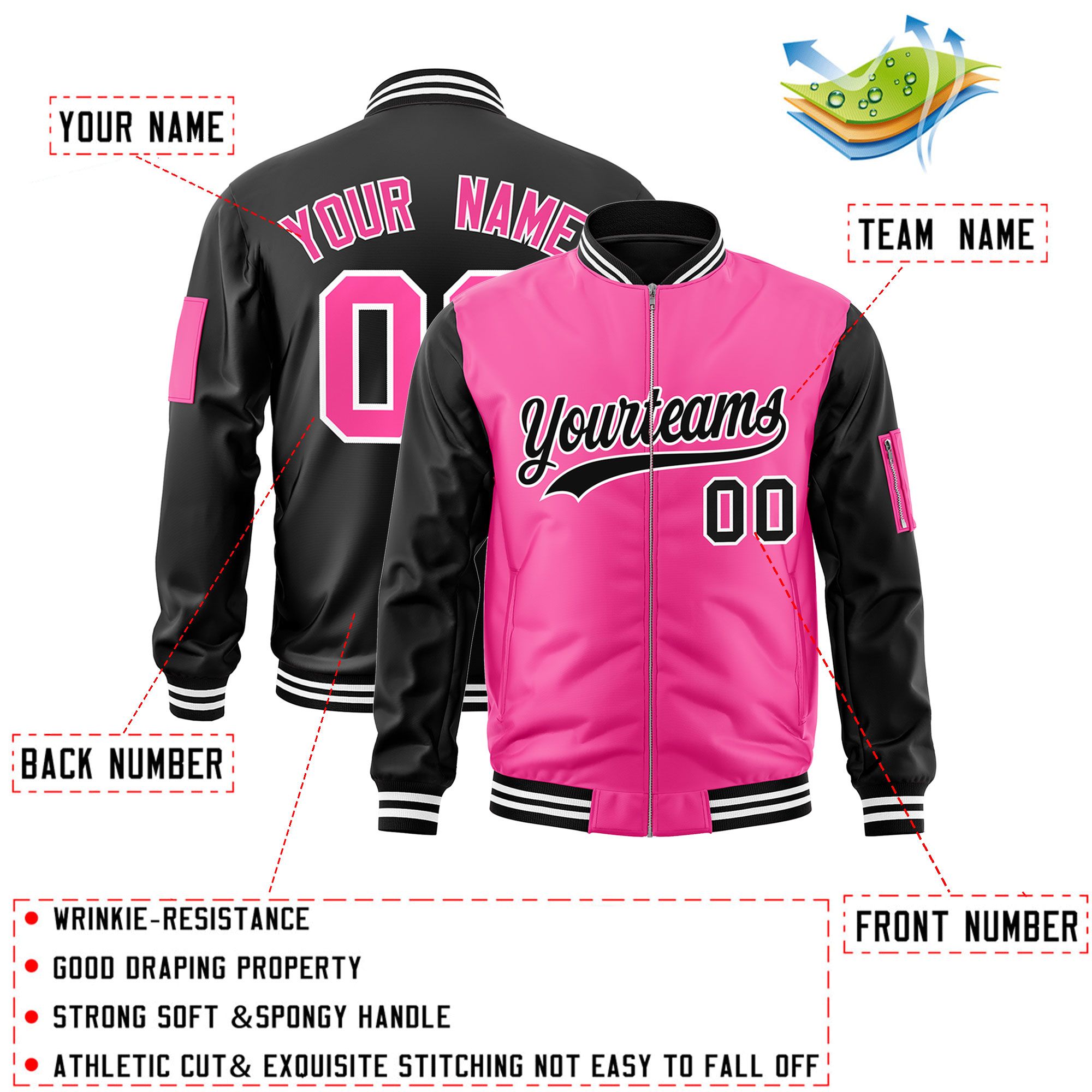 Custom Pink Black Varsity Full-Zip Two-Tone Letterman Bomber Jacket