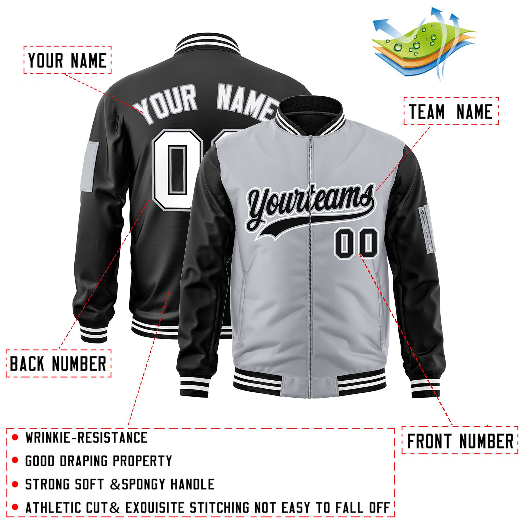 Custom Gray Black Varsity Full-Zip Two-Tone Letterman Bomber Jacket