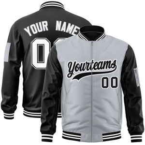 Custom Gray Black Varsity Full-Zip Two-Tone Letterman Bomber Jacket