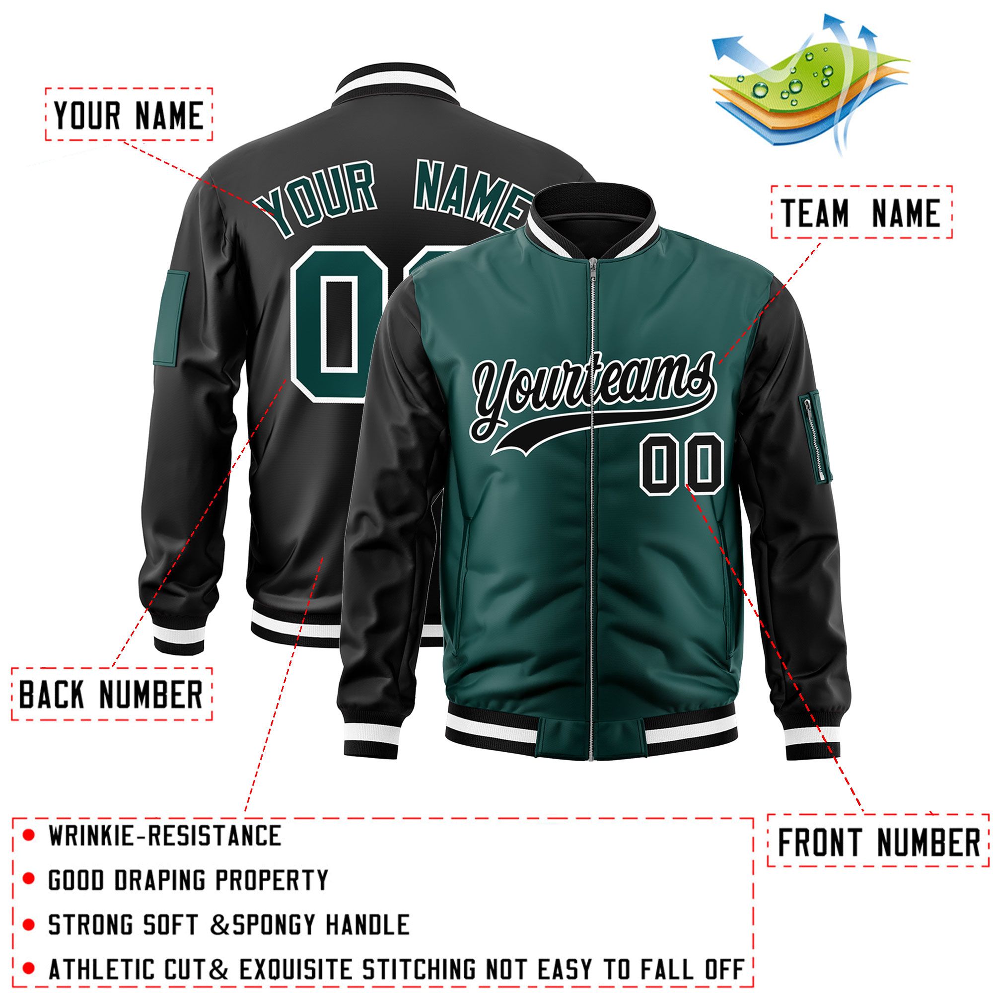 Custom Midnight Green Black Varsity Full-Zip Two-Tone Letterman Bomber Jacket