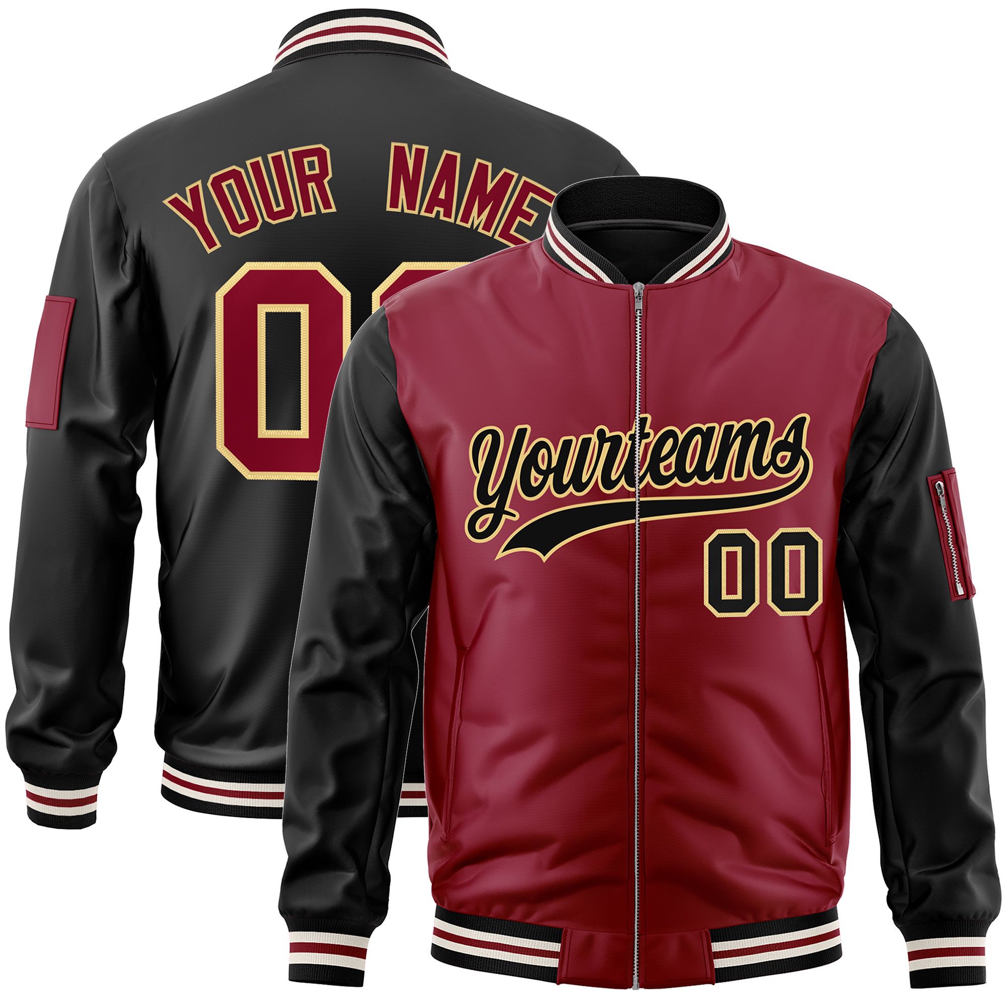 Custom Crimson Black Varsity Full-Zip Two-Tone Letterman Bomber Jacket