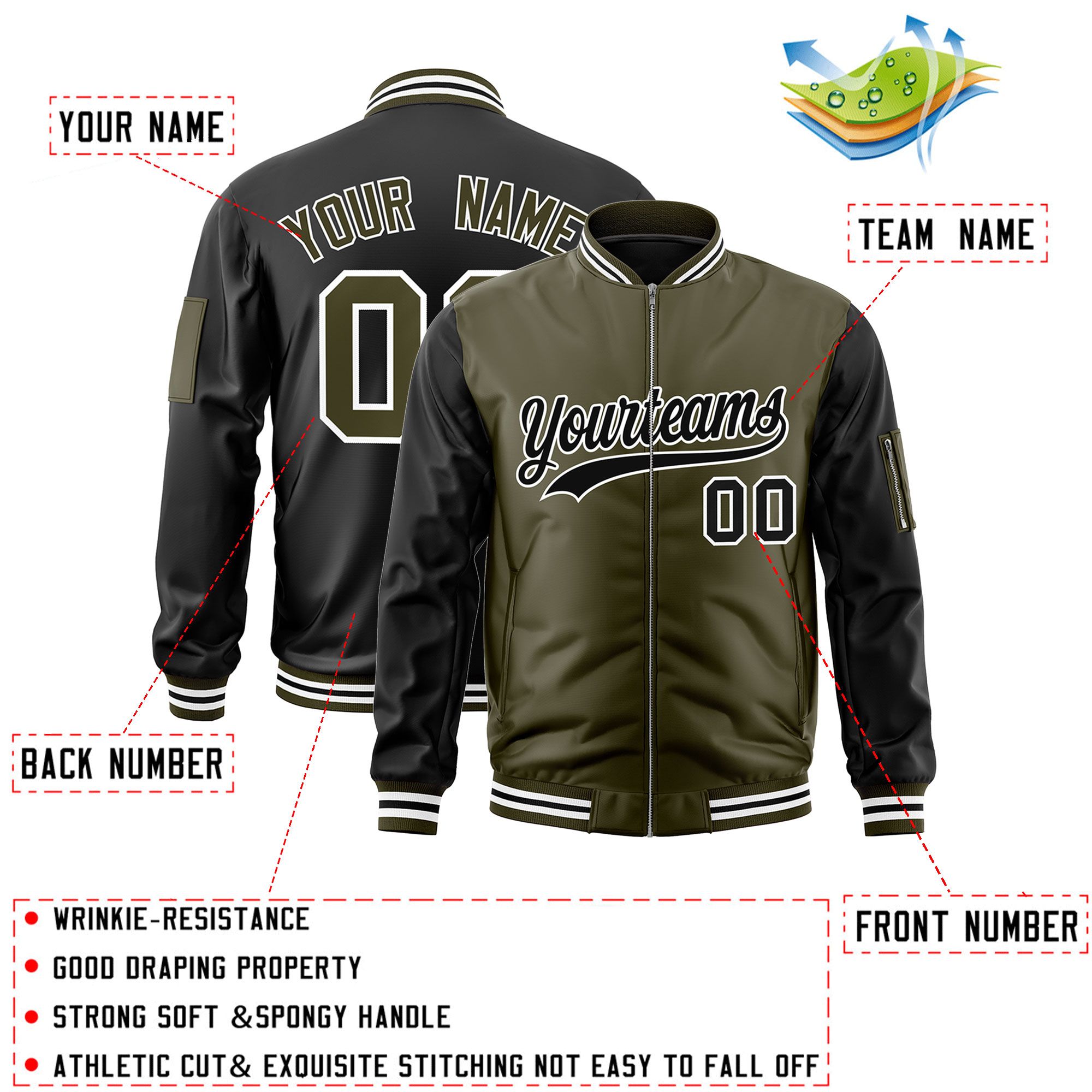 Custom Olive Black Varsity Full-Zip Two-Tone Letterman Bomber Jacket