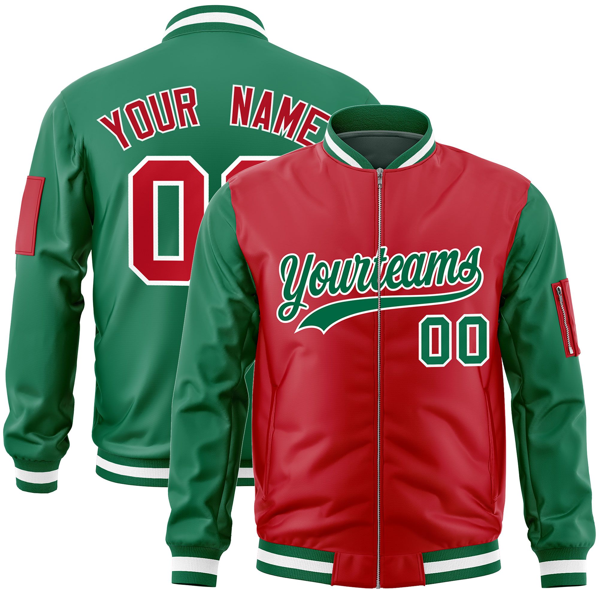 Custom Red Kelly Green Varsity Full-Zip Two-Tone Letterman Bomber Jacket