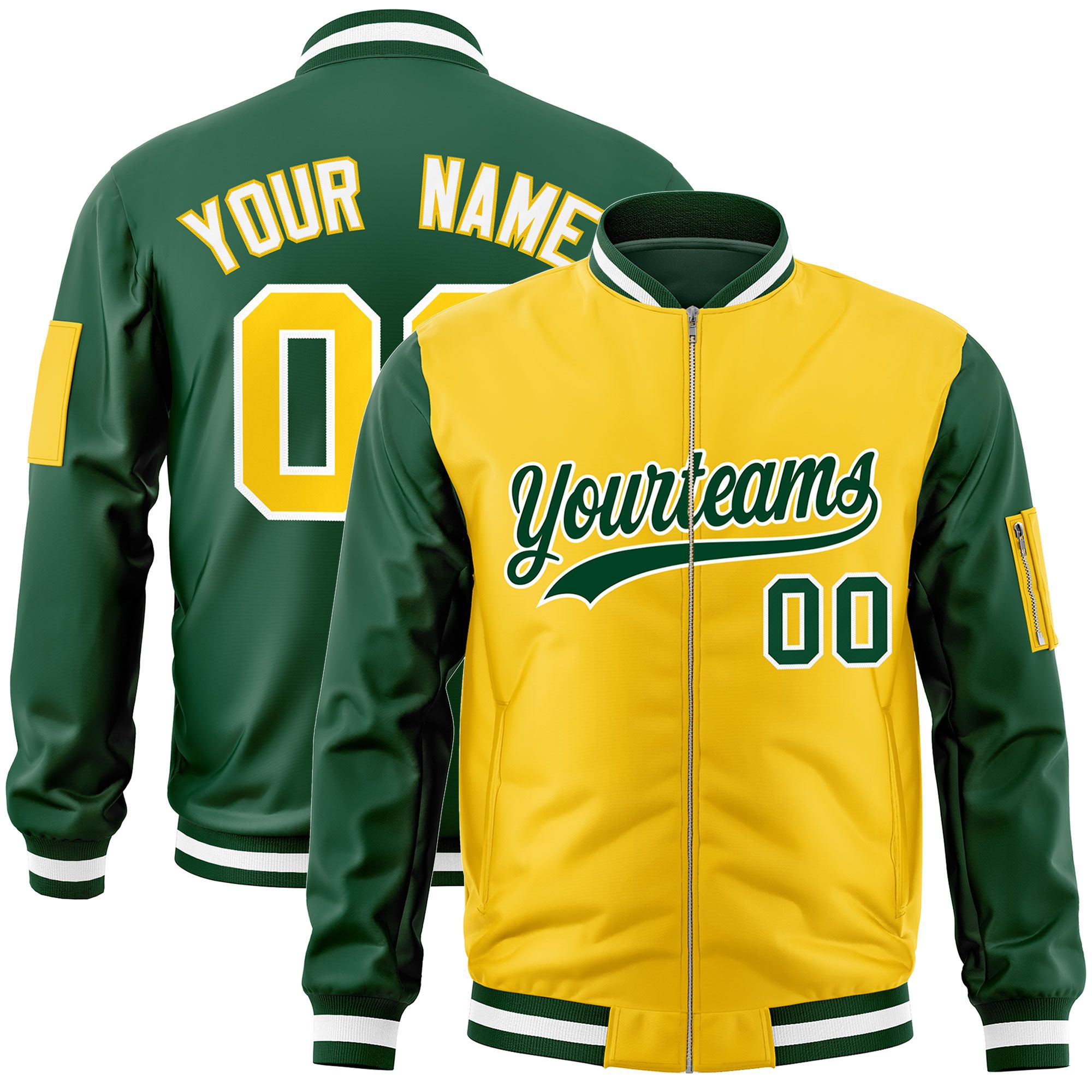 Custom Gold Green Varsity Full-Zip Two-Tone Letterman Bomber Jacket