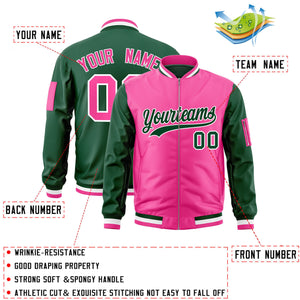 Custom Pink Green Varsity Full-Zip Two-Tone Letterman Bomber Jacket