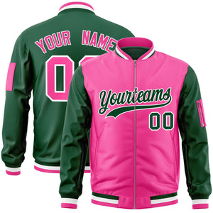 Custom Pink Green Varsity Full-Zip Two-Tone Letterman Bomber Jacket