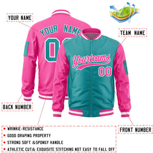 Custom Aqua Pink Varsity Full-Zip Two-Tone Letterman Bomber Jacket