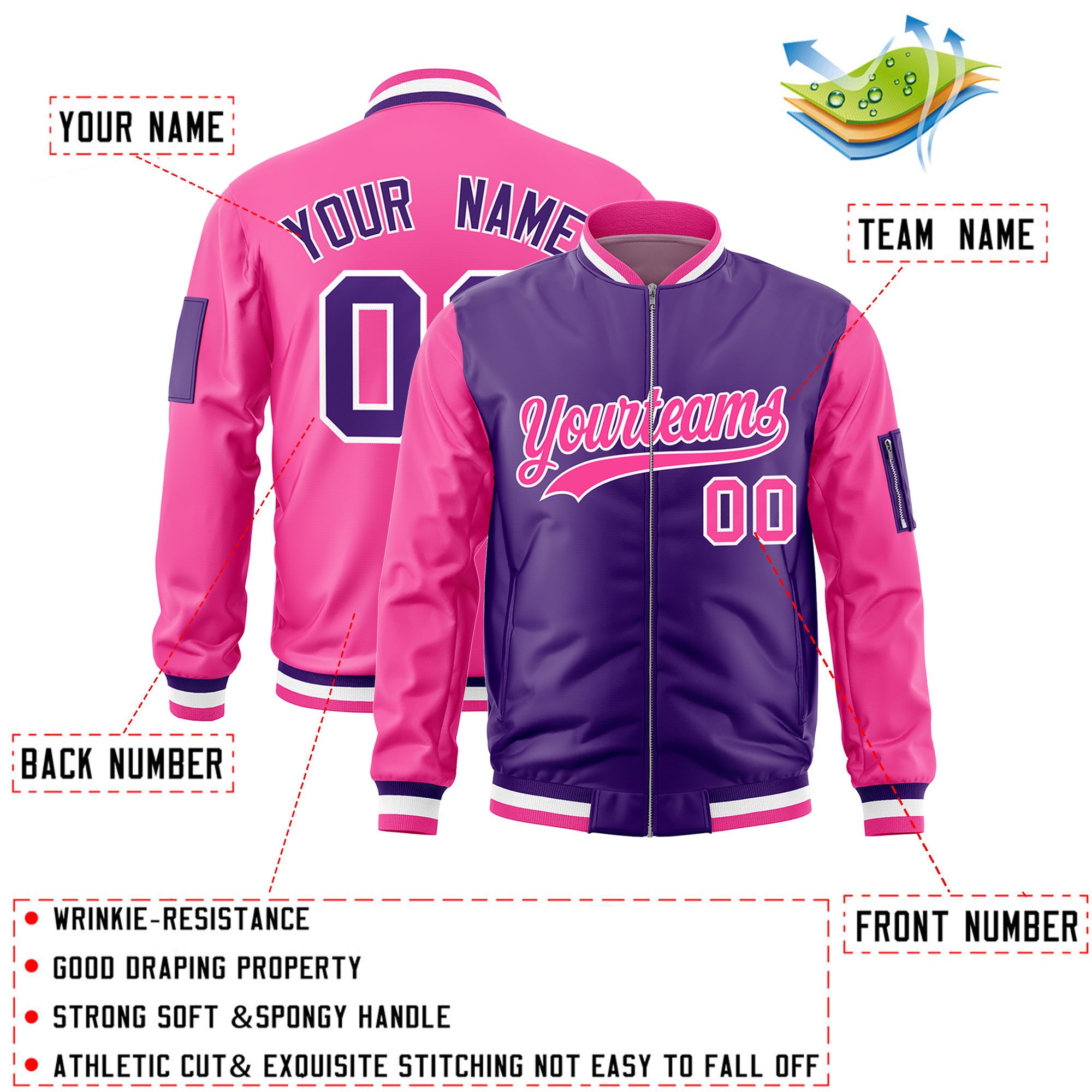 Custom Purple Pink Varsity Full-Zip Two-Tone Letterman Bomber Jacket