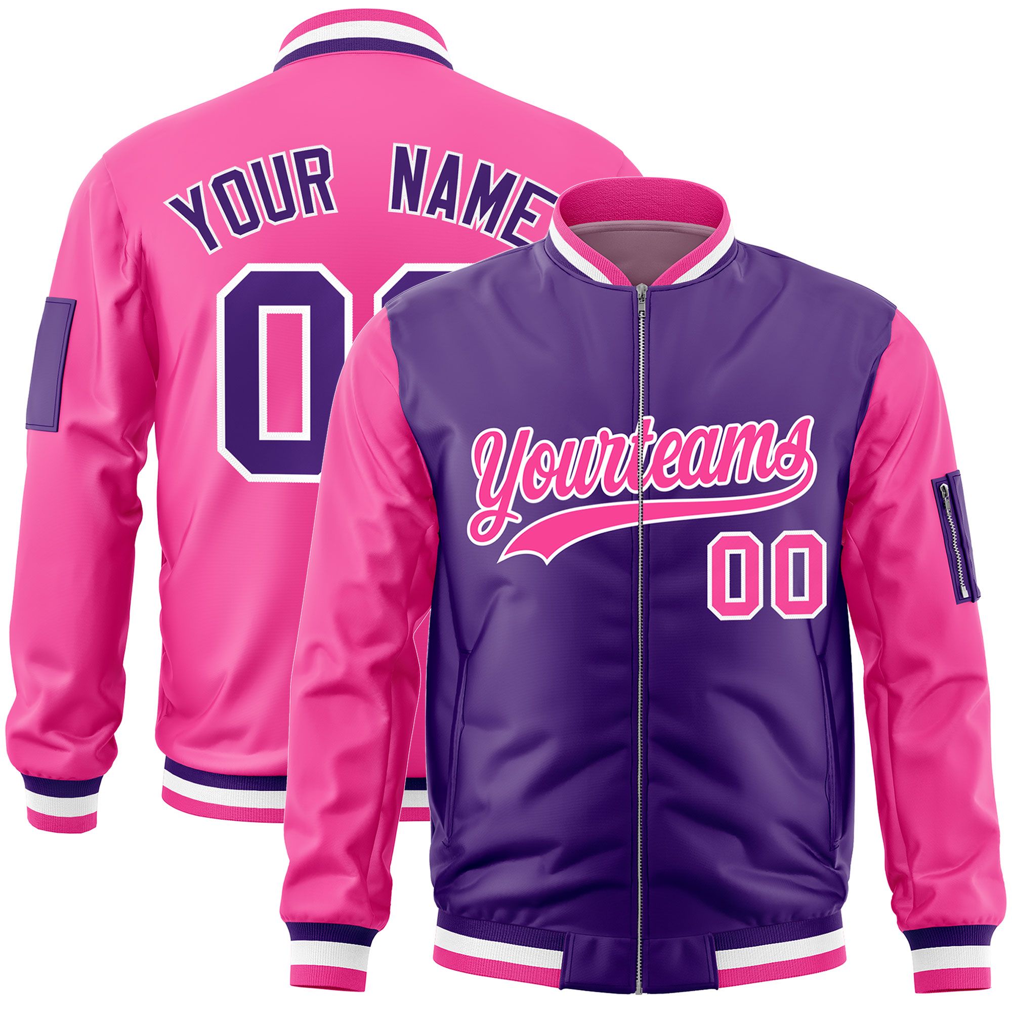 Custom Purple Pink Varsity Full-Zip Two-Tone Letterman Bomber Jacket