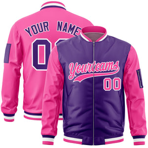 Custom Purple Pink Varsity Full-Zip Two-Tone Letterman Bomber Jacket