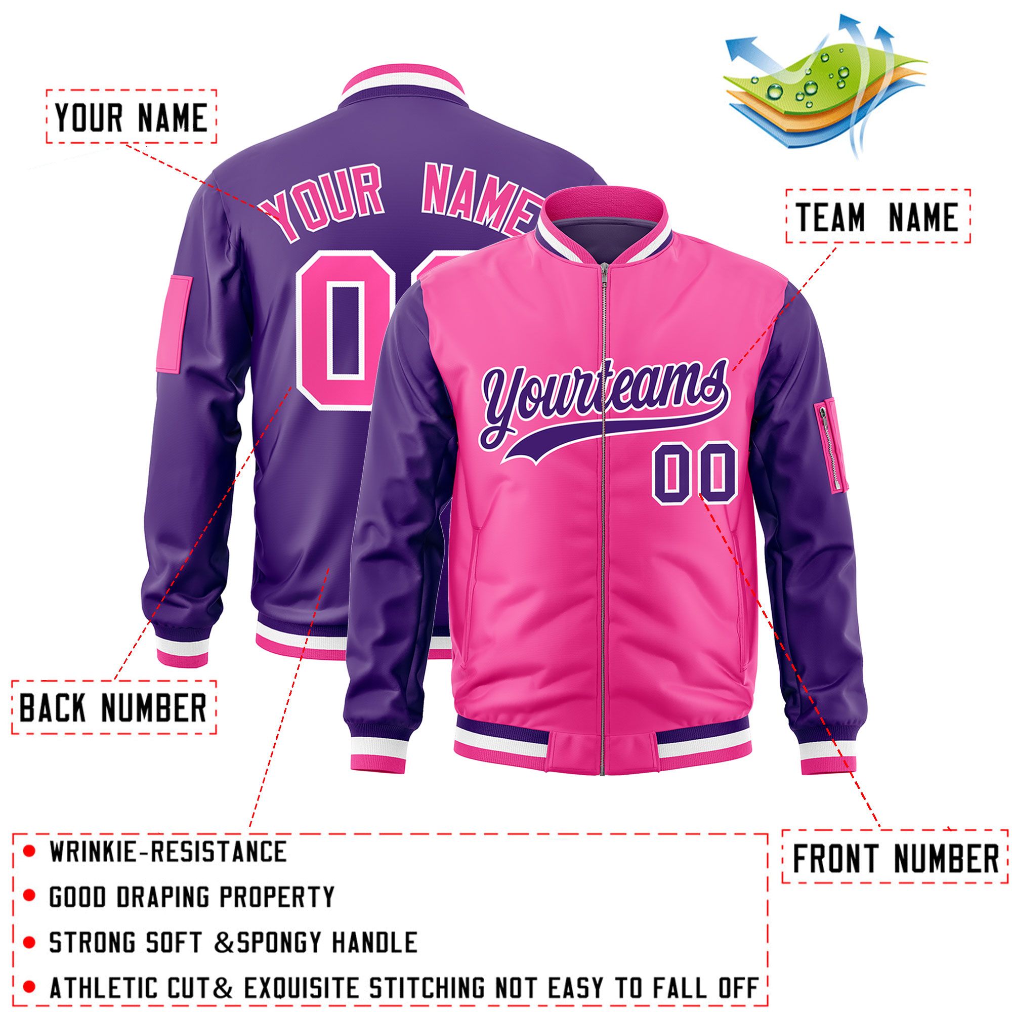 Custom Pink Purple Varsity Full-Zip Two-Tone Letterman Bomber Jacket