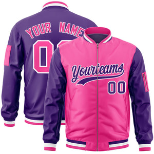 Custom Pink Purple Varsity Full-Zip Two-Tone Letterman Bomber Jacket