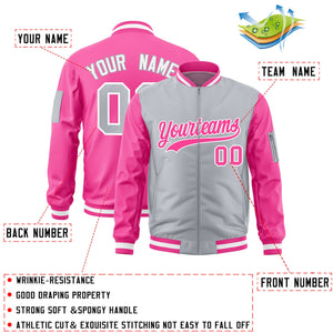 Custom Gray Pink Varsity Full-Zip Two-Tone Letterman Bomber Jacket