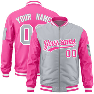 Custom Gray Pink Varsity Full-Zip Two-Tone Letterman Bomber Jacket