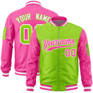 Custom Neon Green Pink Varsity Full-Zip Two-Tone Letterman Bomber Jacket