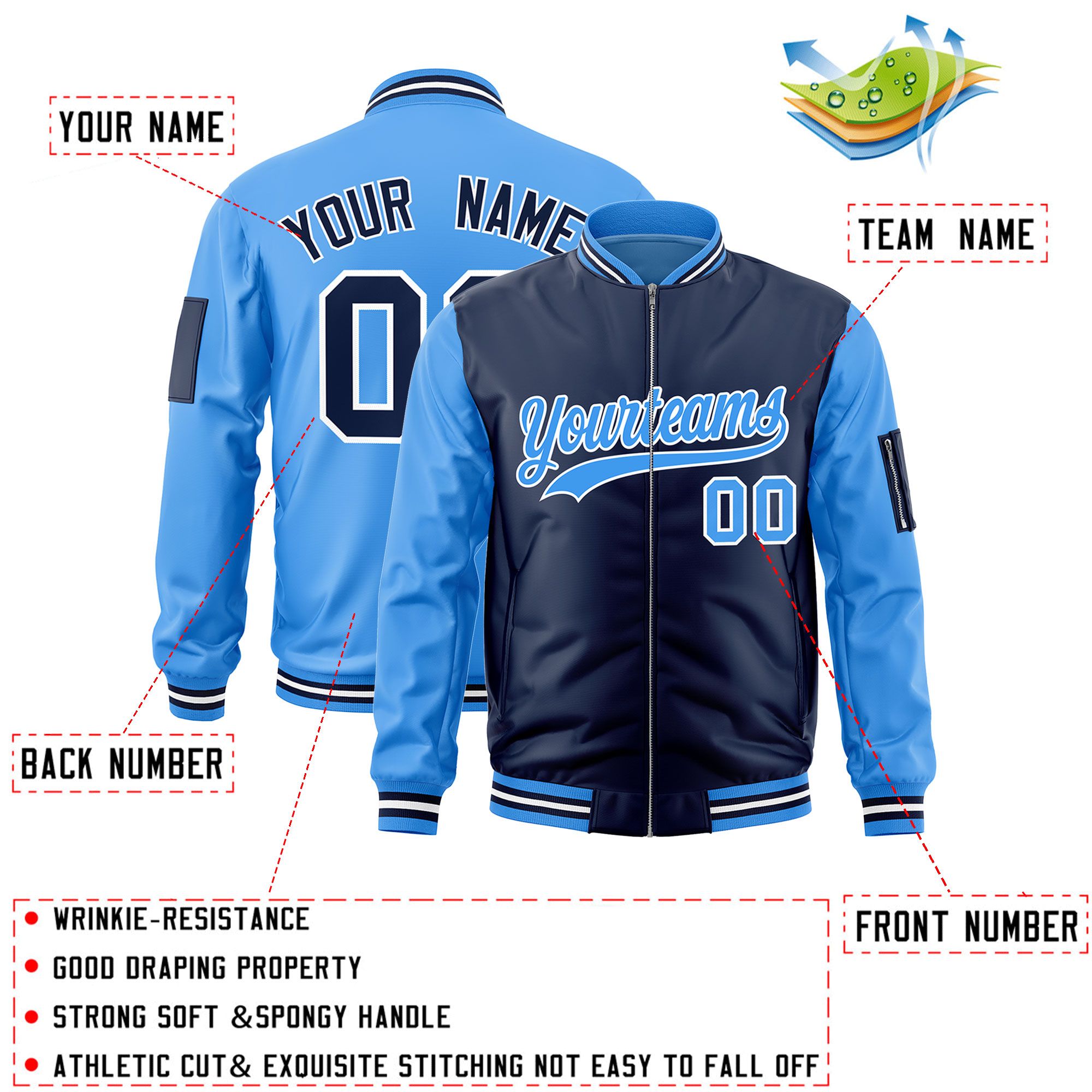 Custom Navy Powder Blue Varsity Full-Zip Two-Tone Letterman Bomber Jacket